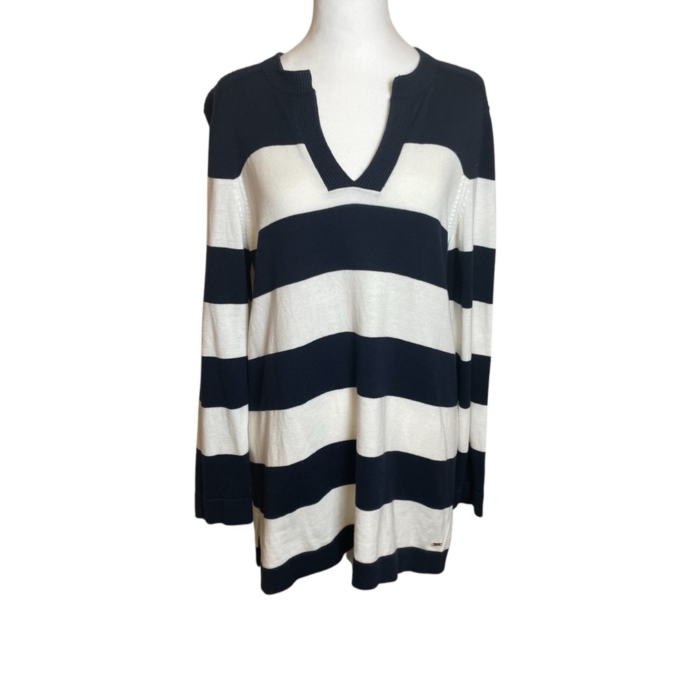Tommy Hilfiger Sweater Womens Large White Blue Striped Pullover Nautical Coastal